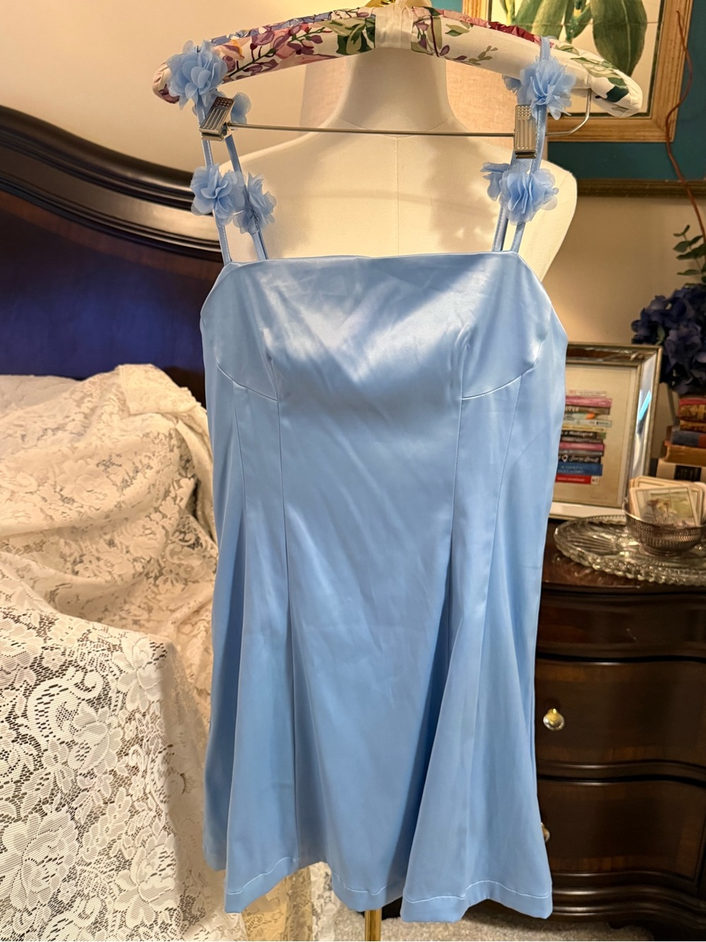 NWOT Altar'd State Powder Blue Satin Chemise with Floral Straps
